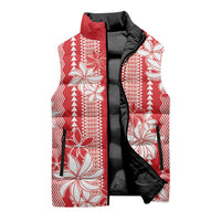 Hawaii Kakau Tribal Sleeveless Puffer Jacket With Red Tiare