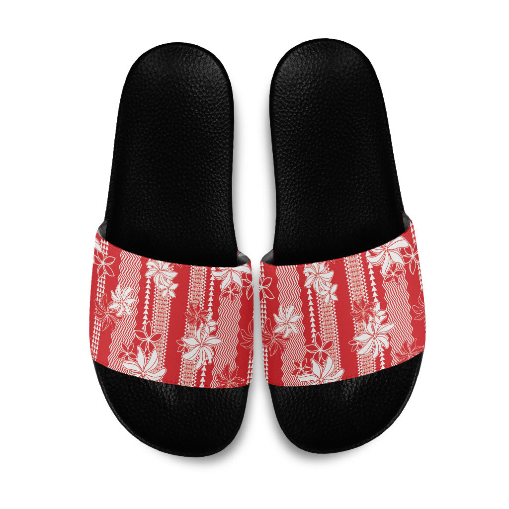 Hawaii Kakau Tribal Slide Sandals With Red Tiare LT05 Red - Polynesian Pride