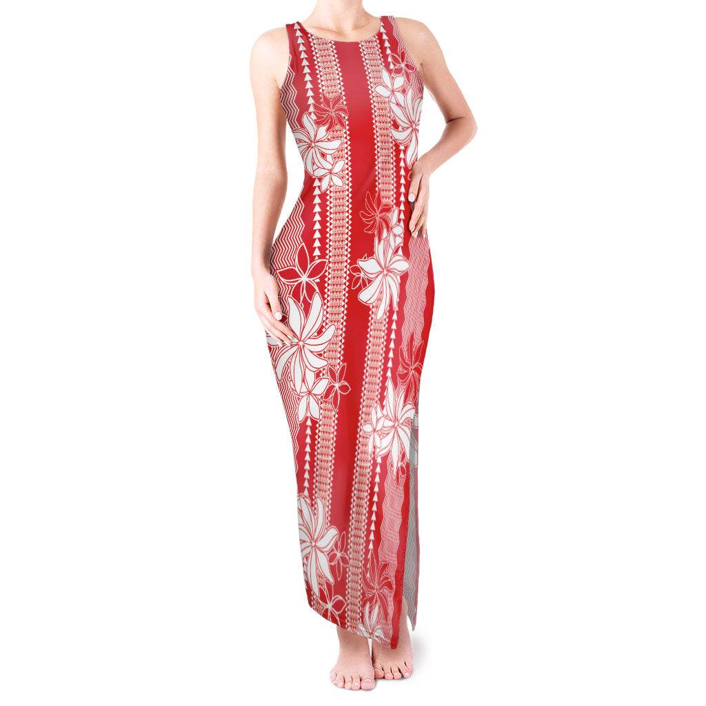 Hawaii Kakau Tribal Tank Maxi Dress With Red Tiare LT05 Women Red - Polynesian Pride