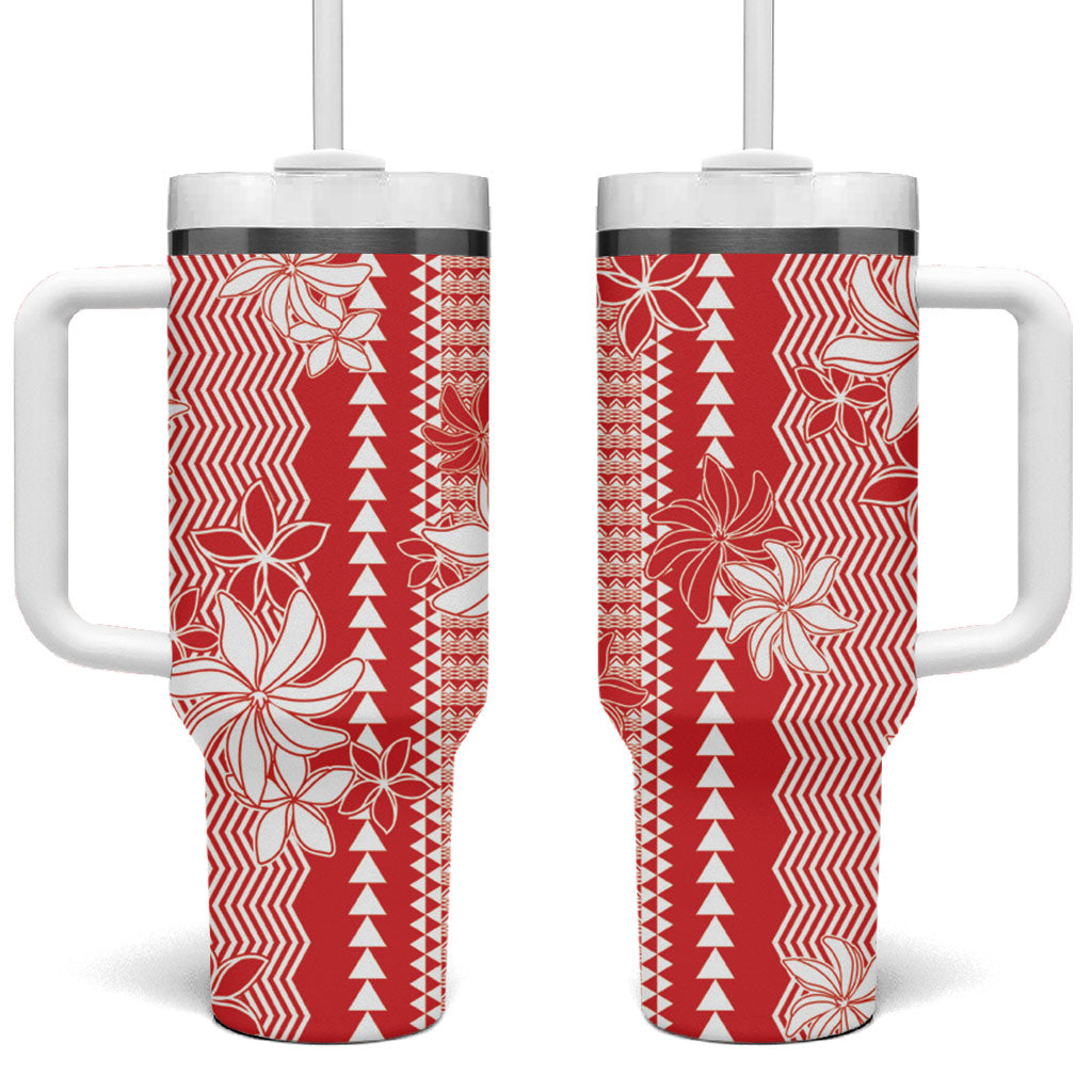 Hawaii Kakau Tribal Tumbler With Handle With Red Tiare LT05 One Size: 40 oz Red - Polynesian Pride