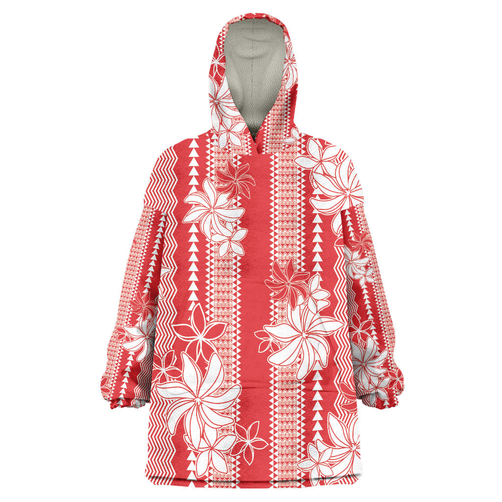 Hawaii Kakau Tribal Wearable Blanket Hoodie With Red Tiare LT05 One Size Red - Polynesian Pride