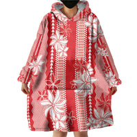 Hawaii Kakau Tribal Wearable Blanket Hoodie With Red Tiare