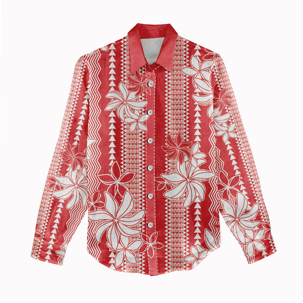 Hawaii Kakau Tribal Women Casual Shirt With Red Tiare