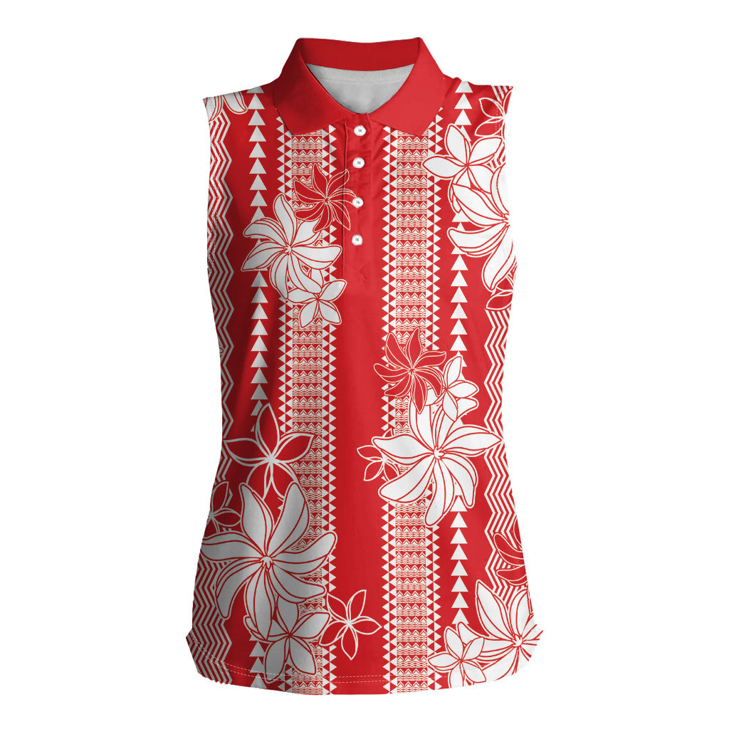Hawaii Kakau Tribal Women Sleeveless Polo Shirt With Red Tiare LT05 Female Red - Polynesian Pride