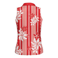 Hawaii Kakau Tribal Women Sleeveless Polo Shirt With Red Tiare LT05 - Polynesian Pride