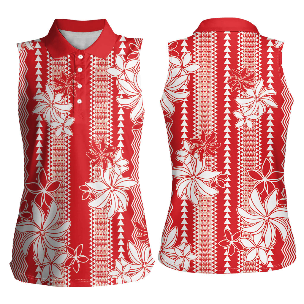 Hawaii Kakau Tribal Women Sleeveless Polo Shirt With Red Tiare LT05 - Polynesian Pride
