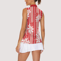 Hawaii Kakau Tribal Women Sleeveless Polo Shirt With Red Tiare LT05 - Polynesian Pride