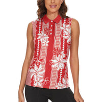 Hawaii Kakau Tribal Women Sleeveless Polo Shirt With Red Tiare LT05 - Polynesian Pride