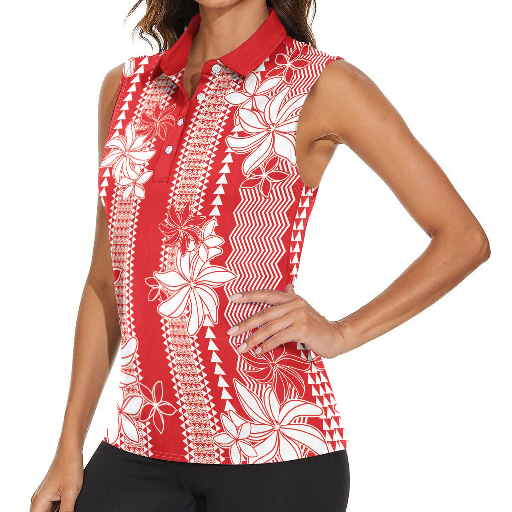 Hawaii Kakau Tribal Women Sleeveless Polo Shirt With Red Tiare LT05 - Polynesian Pride