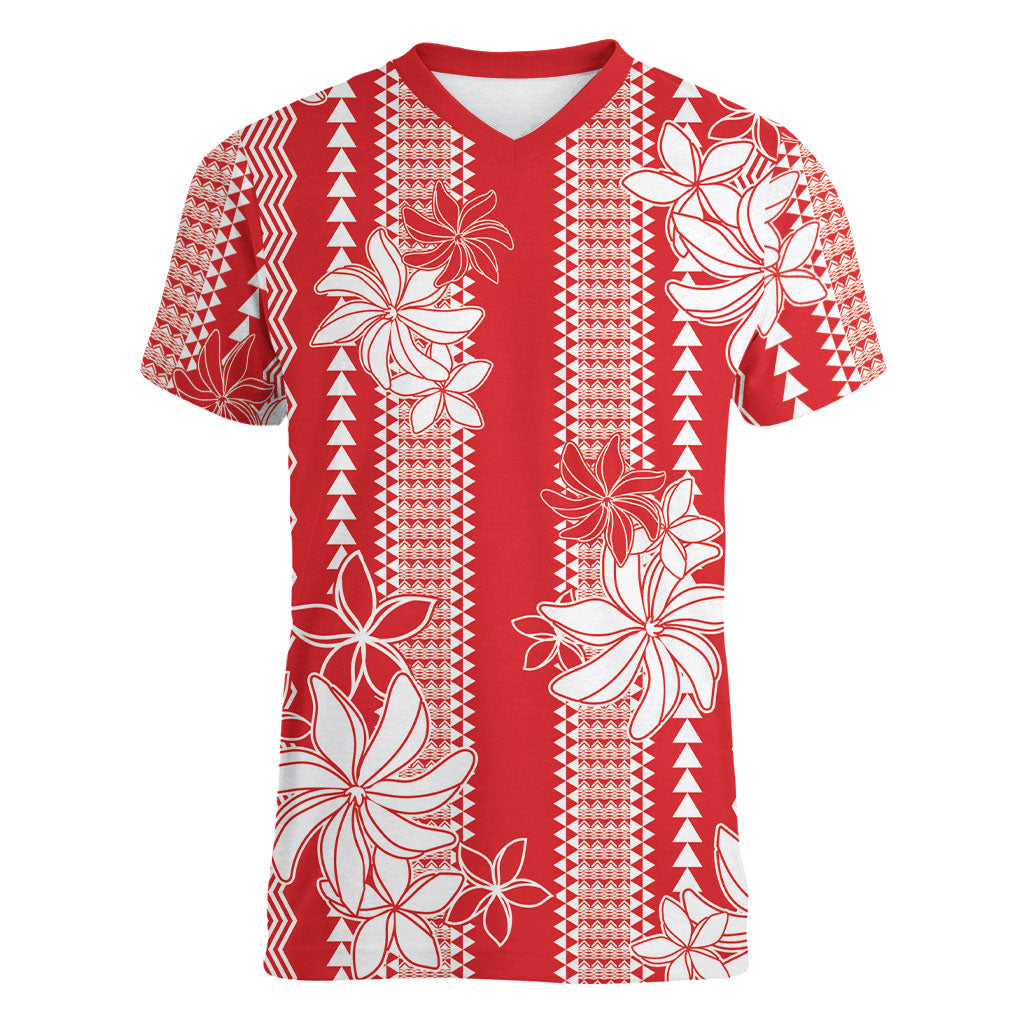 Hawaii Kakau Tribal Women V-Neck T-Shirt With Red Tiare LT05 Female Red - Polynesian Pride