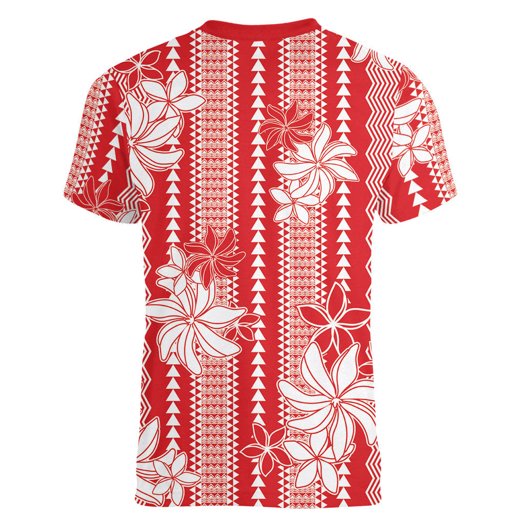 Hawaii Kakau Tribal Women V-Neck T-Shirt With Red Tiare LT05 - Polynesian Pride
