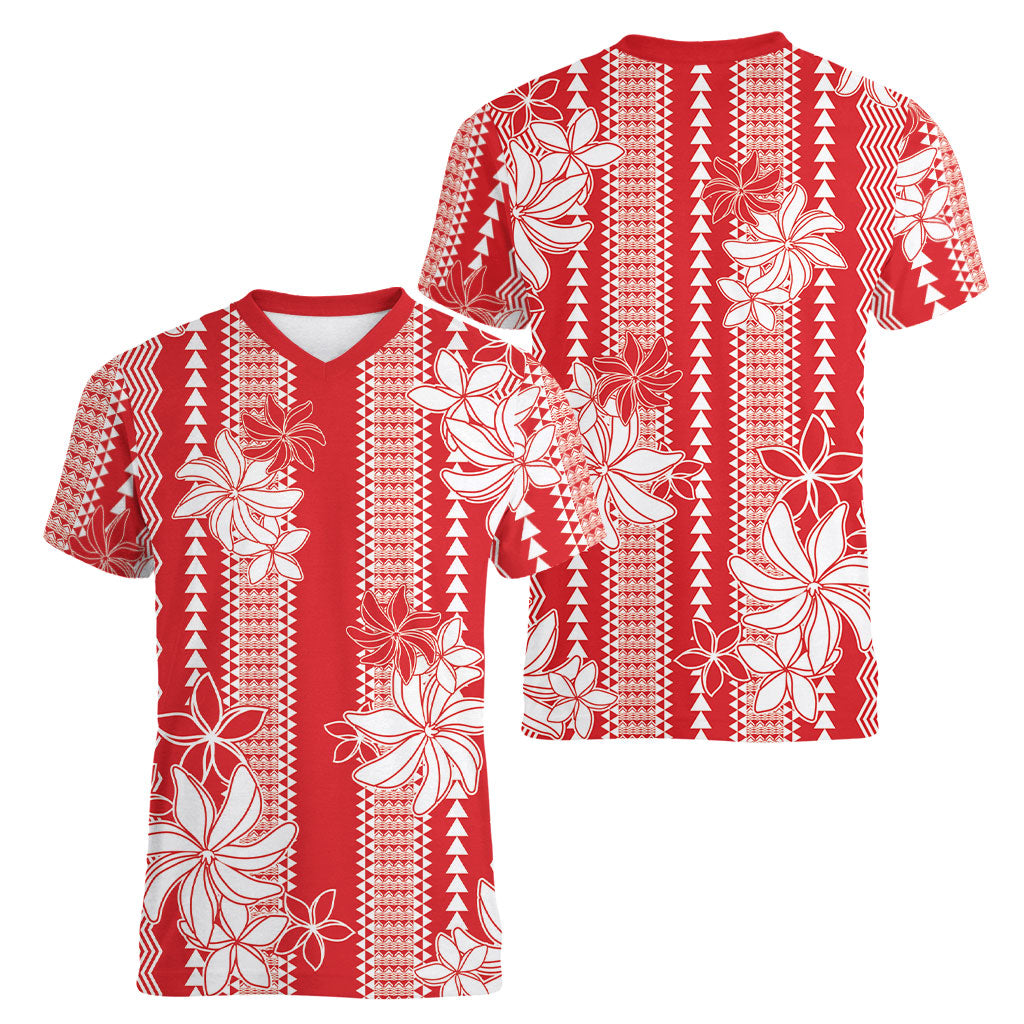 Hawaii Kakau Tribal Women V-Neck T-Shirt With Red Tiare LT05 - Polynesian Pride