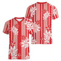 Hawaii Kakau Tribal Women V-Neck T-Shirt With Red Tiare LT05 - Polynesian Pride