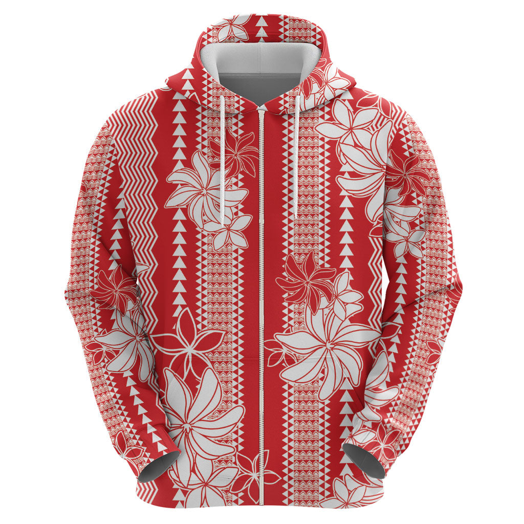 Hawaii Kakau Tribal Zip Hoodie With Red Tiare