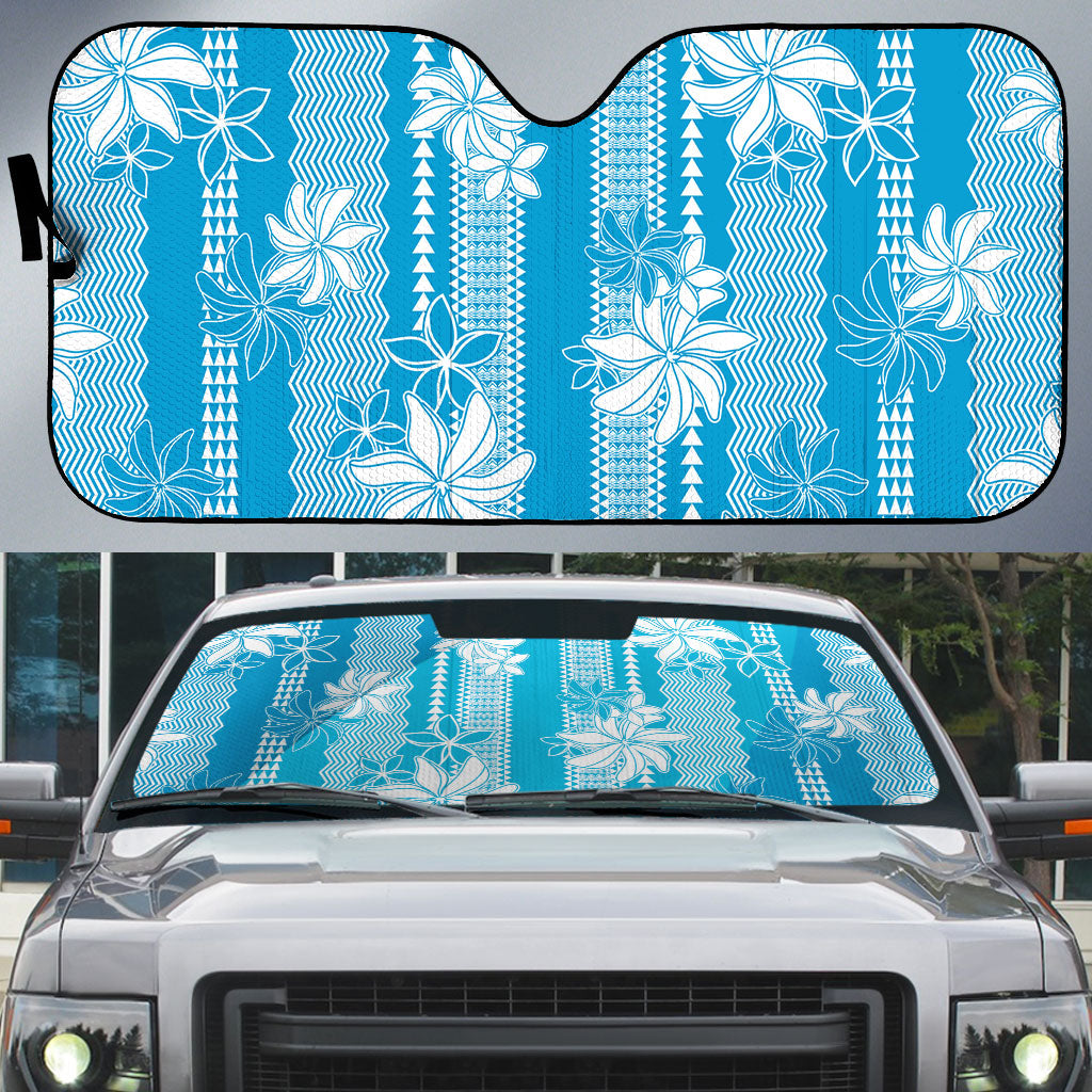Hawaii Kakau Tribal Auto Sun Shade With Blue Tiare LT05 Blue - Polynesian Pride