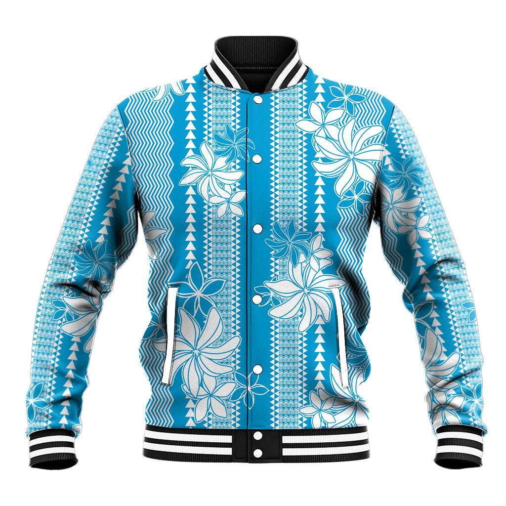 Hawaii Kakau Tribal Baseball Jacket With Blue Tiare LT05 Unisex Blue - Polynesian Pride