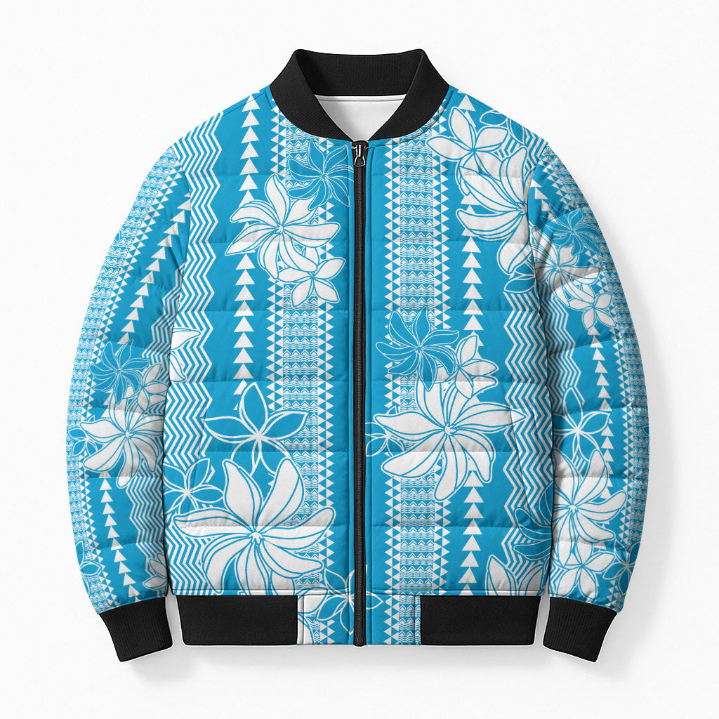 Hawaii Kakau Tribal Bomber Puffer Jacket With Blue Tiare LT05 Unisex Blue - Polynesian Pride