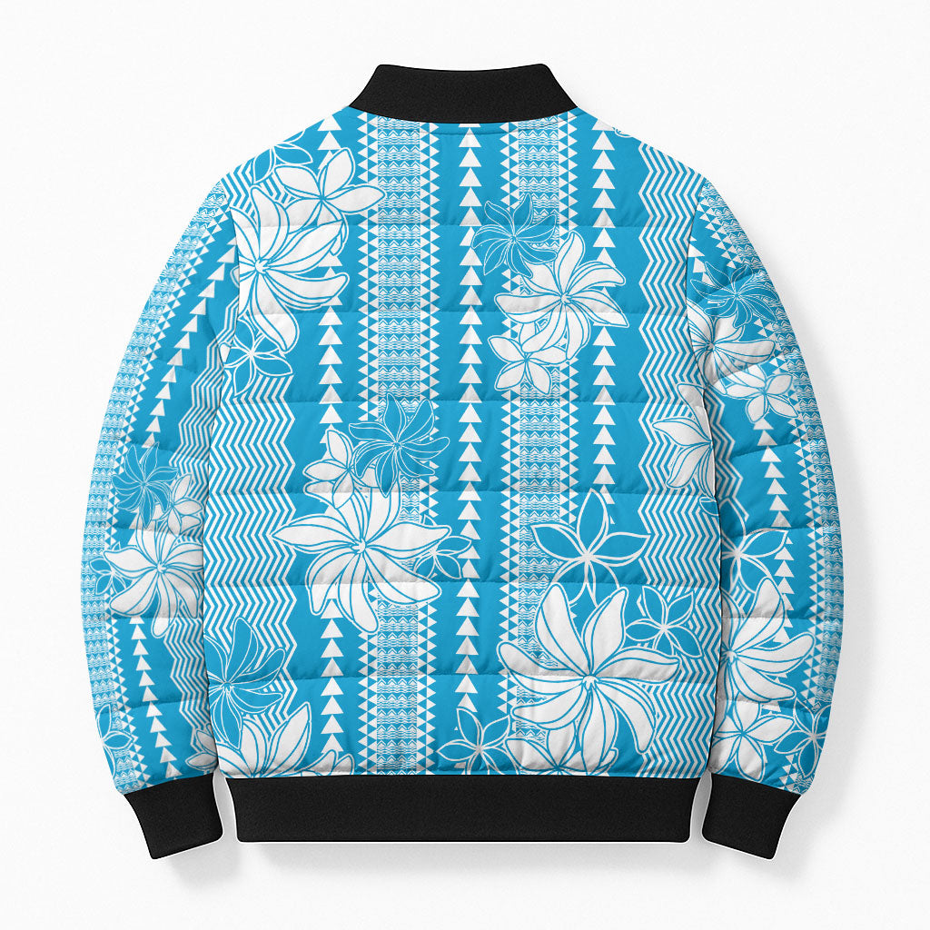 Hawaii Kakau Tribal Bomber Puffer Jacket With Blue Tiare