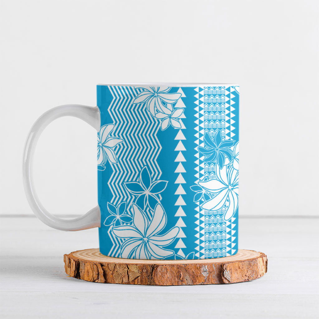 Hawaii Kakau Tribal Ceramic Mug With Blue Tiare LT05 Blue - Polynesian Pride