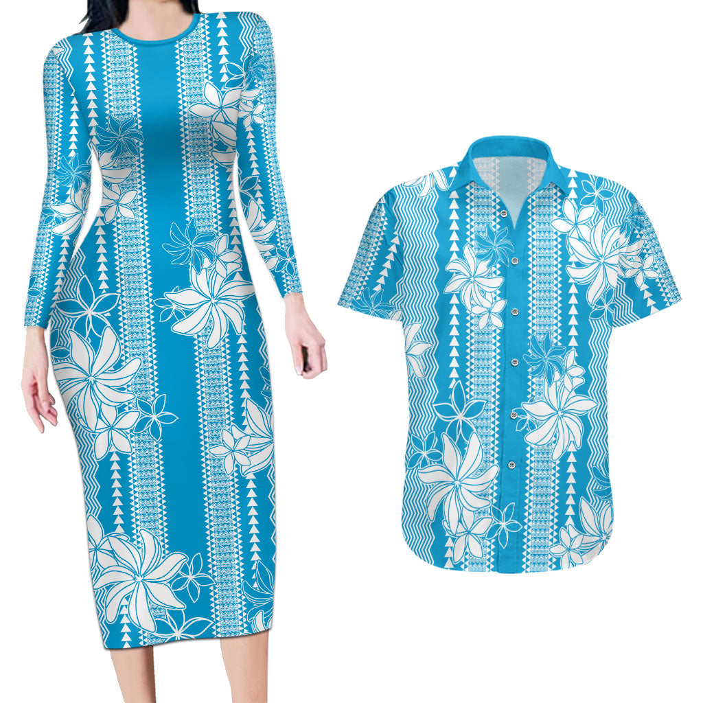 Hawaii Kakau Tribal Couples Matching Long Sleeve Bodycon Dress and Hawaiian Shirt With Blue Tiare LT05 Blue - Polynesian Pride