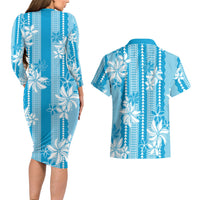 Hawaii Kakau Tribal Couples Matching Long Sleeve Bodycon Dress and Hawaiian Shirt With Blue Tiare
