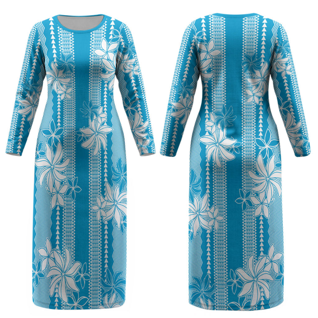 Hawaii Kakau Tribal Couples Matching Long Sleeve Bodycon Dress and Hawaiian Shirt With Blue Tiare LT05