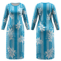 Hawaii Kakau Tribal Couples Matching Long Sleeve Bodycon Dress and Hawaiian Shirt With Blue Tiare LT05
