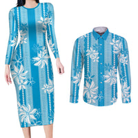 Hawaii Kakau Tribal Couples Matching Long Sleeve Bodycon Dress and Long Sleeve Button Shirt With Blue Tiare
