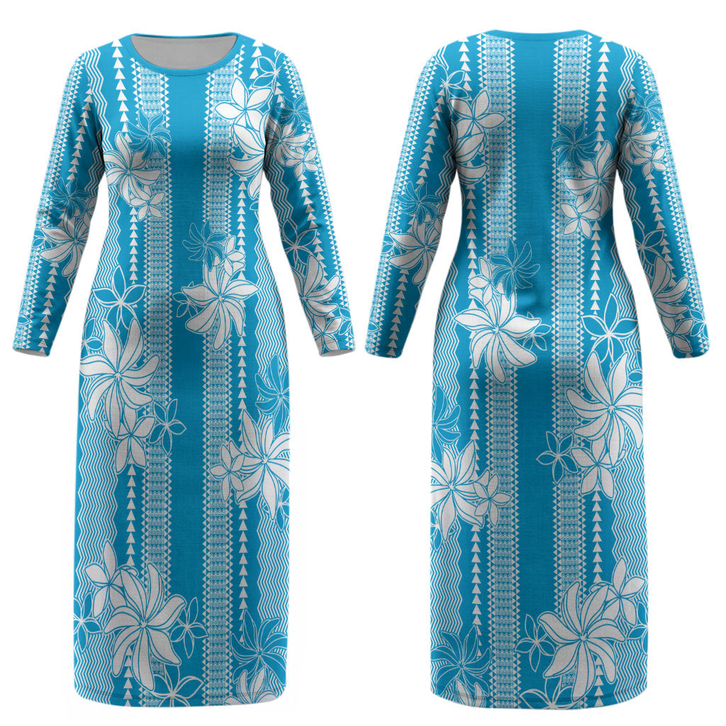 Hawaii Kakau Tribal Couples Matching Long Sleeve Bodycon Dress and Long Sleeve Button Shirt With Blue Tiare LT05