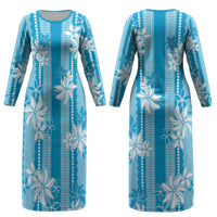 Hawaii Kakau Tribal Couples Matching Long Sleeve Bodycon Dress and Long Sleeve Button Shirt With Blue Tiare LT05