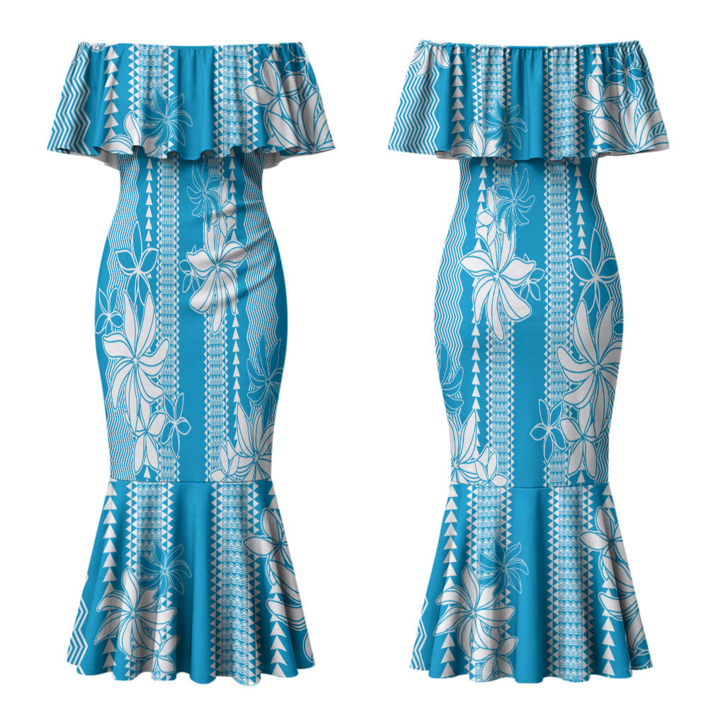 Hawaii Kakau Tribal Couples Matching Mermaid Dress and Long Sleeve Button Shirt With Blue Tiare LT05