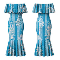 Hawaii Kakau Tribal Couples Matching Mermaid Dress and Long Sleeve Button Shirt With Blue Tiare LT05
