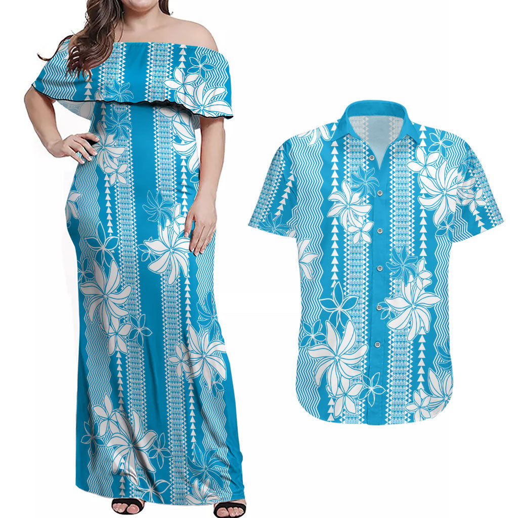 Hawaii Kakau Tribal Couples Matching Off Shoulder Maxi Dress and Hawaiian Shirt With Blue Tiare LT05 Blue - Polynesian Pride