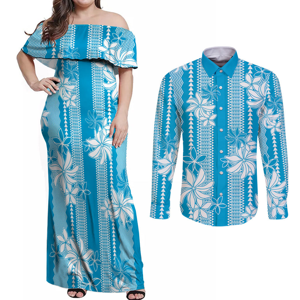 Hawaii Kakau Tribal Couples Matching Off Shoulder Maxi Dress and Long Sleeve Button Shirt With Blue Tiare LT05 Blue - Polynesian Pride