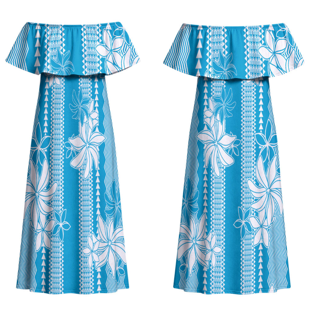 Hawaii Kakau Tribal Couples Matching Off Shoulder Maxi Dress and Long Sleeve Button Shirt With Blue Tiare LT05