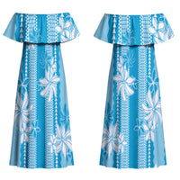 Hawaii Kakau Tribal Couples Matching Off Shoulder Maxi Dress and Long Sleeve Button Shirt With Blue Tiare LT05