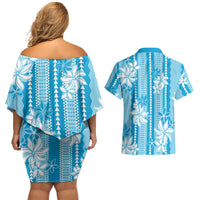 Hawaii Kakau Tribal Couples Matching Off Shoulder Short Dress and Hawaiian Shirt With Blue Tiare