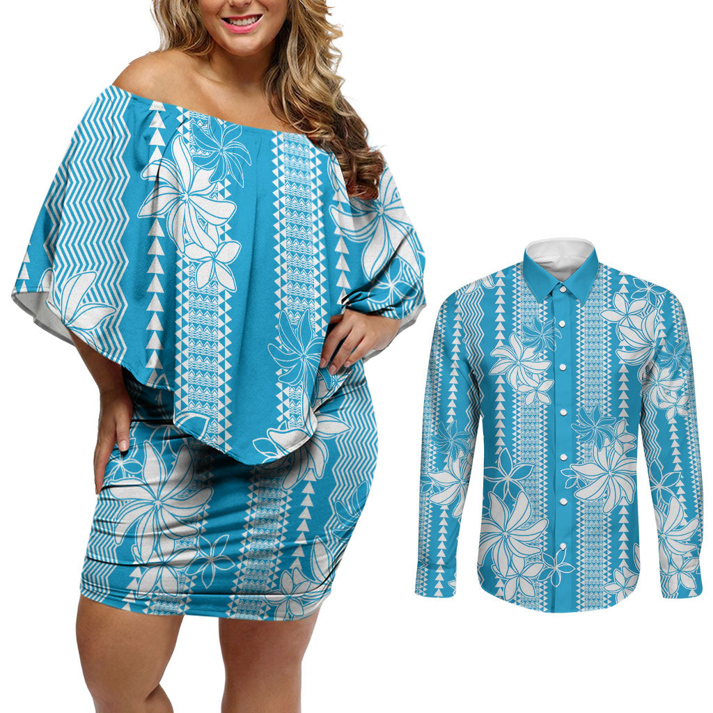 Hawaii Kakau Tribal Couples Matching Off Shoulder Short Dress and Long Sleeve Button Shirt With Blue Tiare LT05 Blue - Polynesian Pride