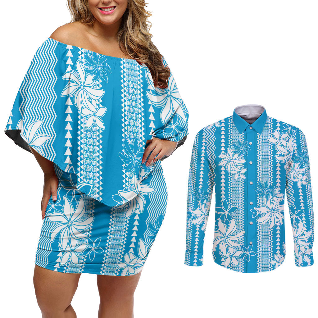 Hawaii Kakau Tribal Couples Matching Off Shoulder Short Dress and Long Sleeve Button Shirt With Blue Tiare LT05 Blue - Polynesian Pride