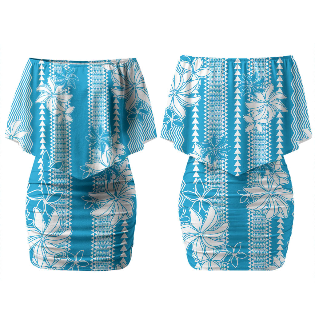 Hawaii Kakau Tribal Couples Matching Off Shoulder Short Dress and Long Sleeve Button Shirt With Blue Tiare LT05