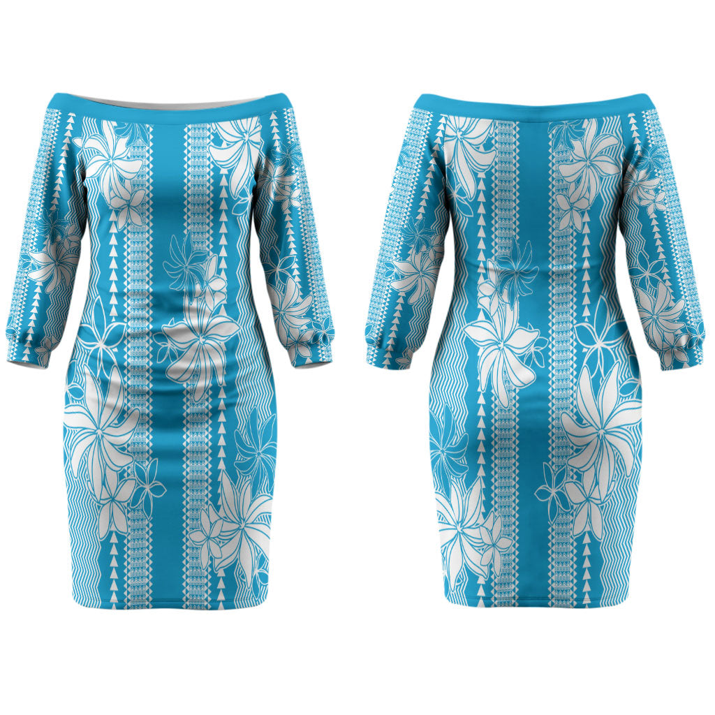Hawaii Kakau Tribal Couples Matching Off The Shoulder Long Sleeve Dress and Long Sleeve Button Shirt With Blue Tiare LT05
