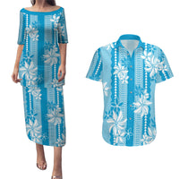 Hawaii Kakau Tribal Couples Matching Puletasi and Hawaiian Shirt With Blue Tiare