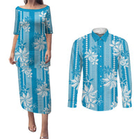 Hawaii Kakau Tribal Couples Matching Puletasi and Long Sleeve Button Shirt With Blue Tiare