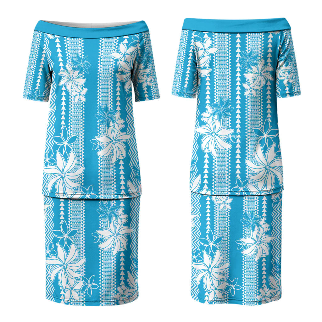Hawaii Kakau Tribal Couples Matching Puletasi and Long Sleeve Button Shirt With Blue Tiare LT05 - Polynesian Pride