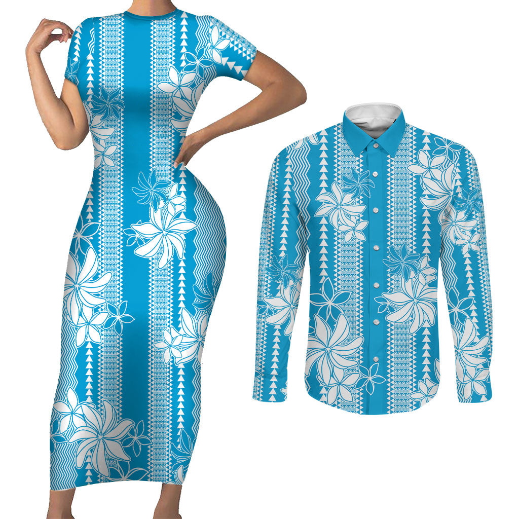 Hawaii Kakau Tribal Couples Matching Short Sleeve Bodycon Dress and Long Sleeve Button Shirt With Blue Tiare