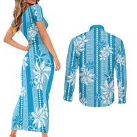 Hawaii Kakau Tribal Couples Matching Short Sleeve Bodycon Dress and Long Sleeve Button Shirt With Blue Tiare