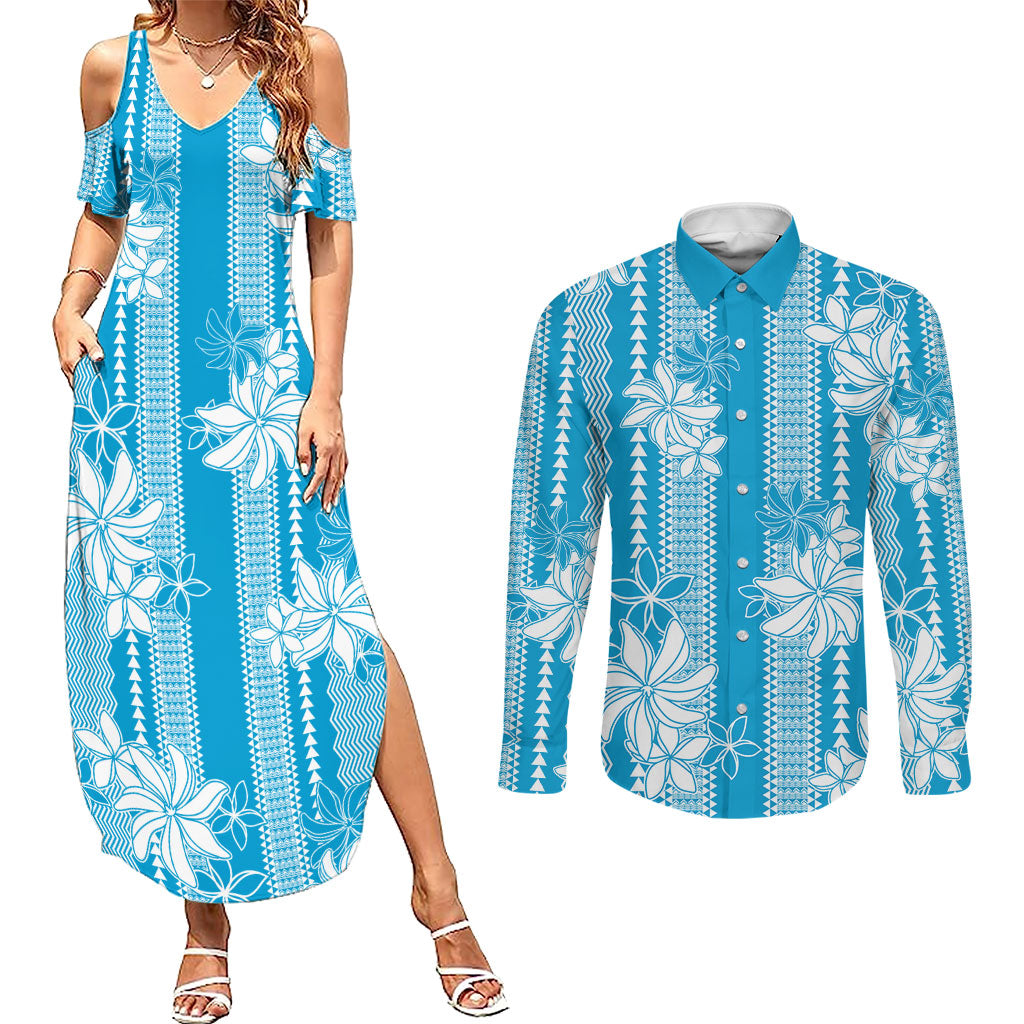 Hawaii Kakau Tribal Couples Matching Summer Maxi Dress and Long Sleeve Button Shirt With Blue Tiare LT05 Blue - Polynesian Pride