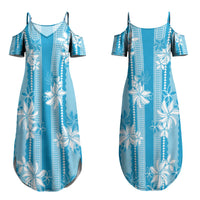 Hawaii Kakau Tribal Couples Matching Summer Maxi Dress and Long Sleeve Button Shirt With Blue Tiare LT05