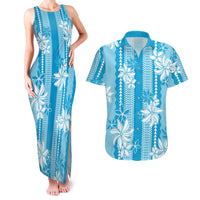 Hawaii Kakau Tribal Couples Matching Tank Maxi Dress and Hawaiian Shirt With Blue Tiare