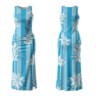 Hawaii Kakau Tribal Couples Matching Tank Maxi Dress and Long Sleeve Button Shirt With Blue Tiare LT05